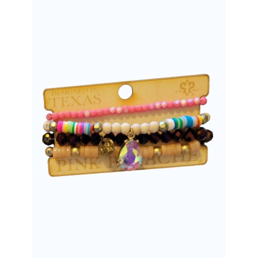 NEW PINK PANACHE women's stretch stack bracelet set in pink/rainbow/purple/tan b